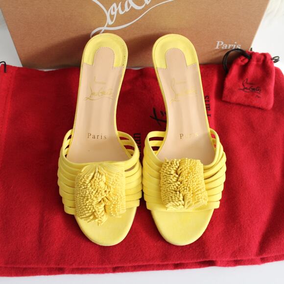 Christian Louboutin Belbrossa Yellow Suede Pompom Fringe Slip-On Kitten Heels - Picture 3 of 16